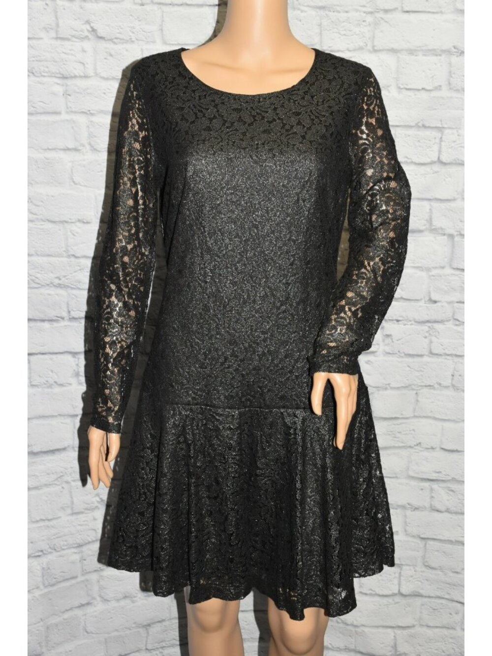 NWT COVINGTON 5 6 S BLACK SILVER FLORAL LACE DROP WAIST FIT FLARE L/S DRESS
